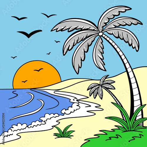 Tropical Sunset Beach: Palm Trees, Ocean Waves.