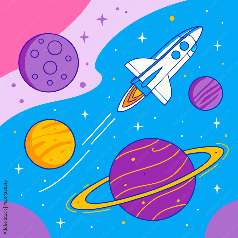 Naklejka premium Colorful Rocket in Space: Planets, Stars.