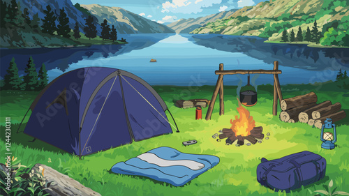 Camping Scene by Lake with Mountains