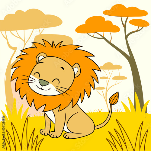 Cute Cartoon Lion Cub, Orange Mane, African Savanna, Kids Illustration.