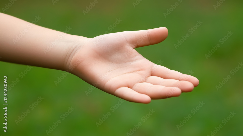 A child's open hand reaching out against a blurred green background. A child's open hand reaching out against a blurred green background.
