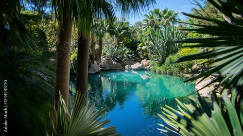 Serene Tropical Pool Oasis: Lush Plants and Tranquil Water