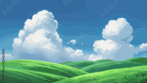 Rolling Green Hills with Fluffy Clouds