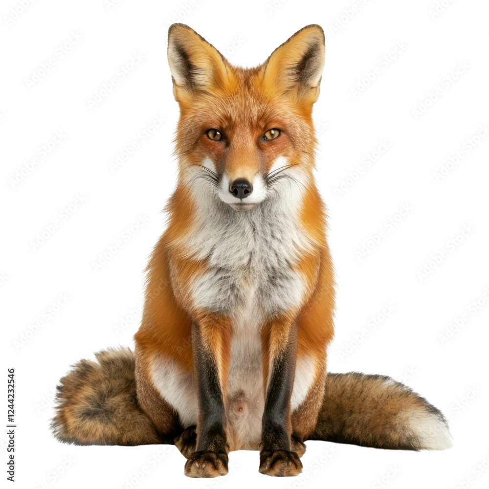 Fototapeta premium realistic fox sitting with bushy tail, showcasing vibrant orange fur and keen expression. This captures essence of wild animal in natural pose