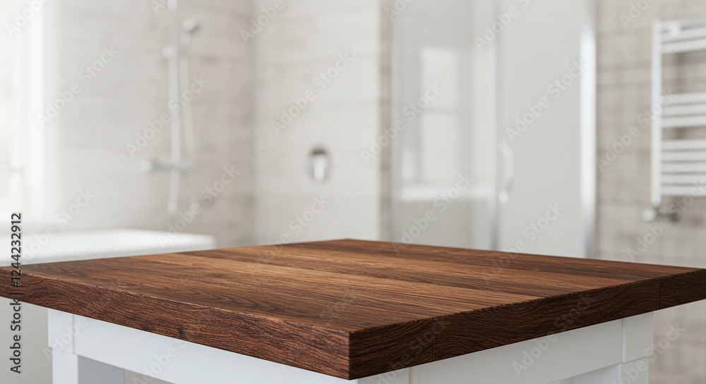 Wooden Tabletop in Modern Bathroom: Product Display or Staging Area, Blurred Bathroom Background, Close-up of Dark Wood Surface, Interior Design and Home Improvement Photography. Wooden Tabletop in Modern Bathroom: Product Display or Staging Area, Blurred Bathroom Background, Close-up of Dark Wood Surface, Interior Design and Home Improvement Photography.