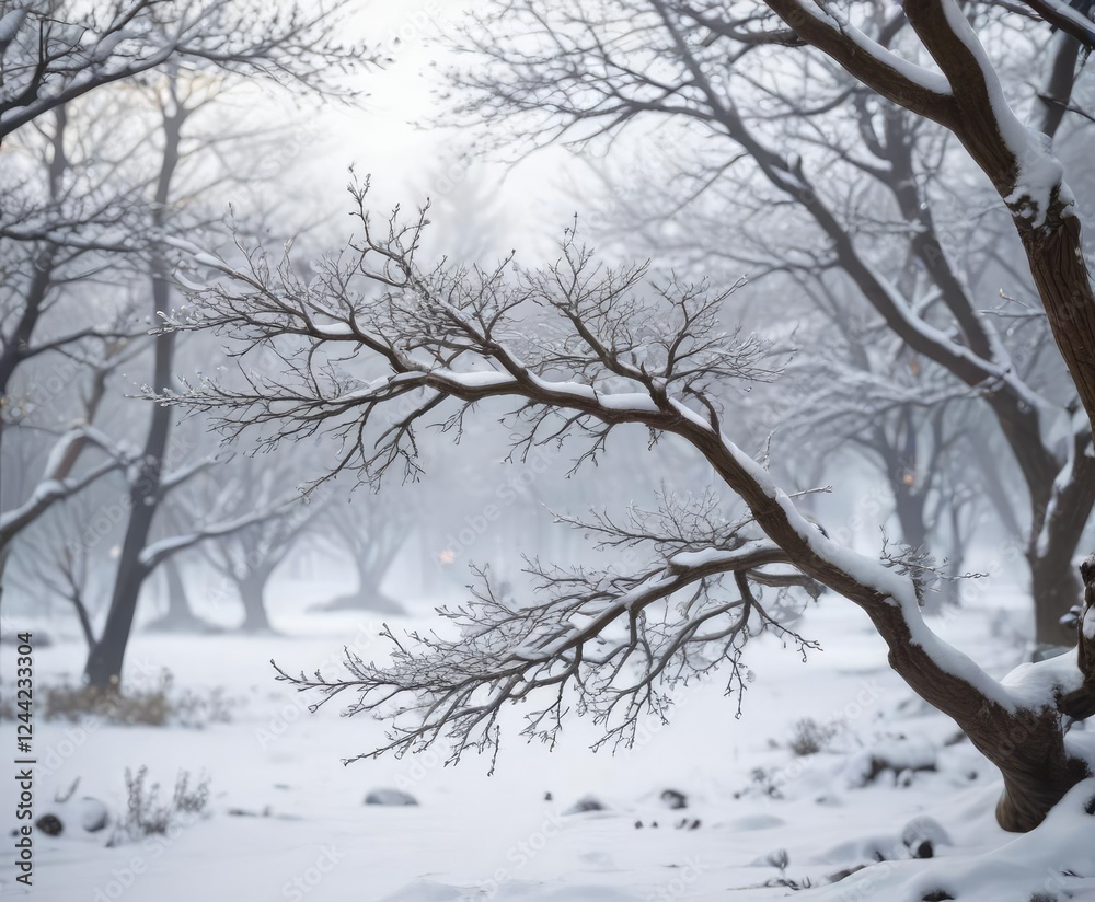 Snow-covered tree branches with a misty background, misty landscape, icy foliage Snow-covered tree branches with a misty background, misty landscape, icy foliage