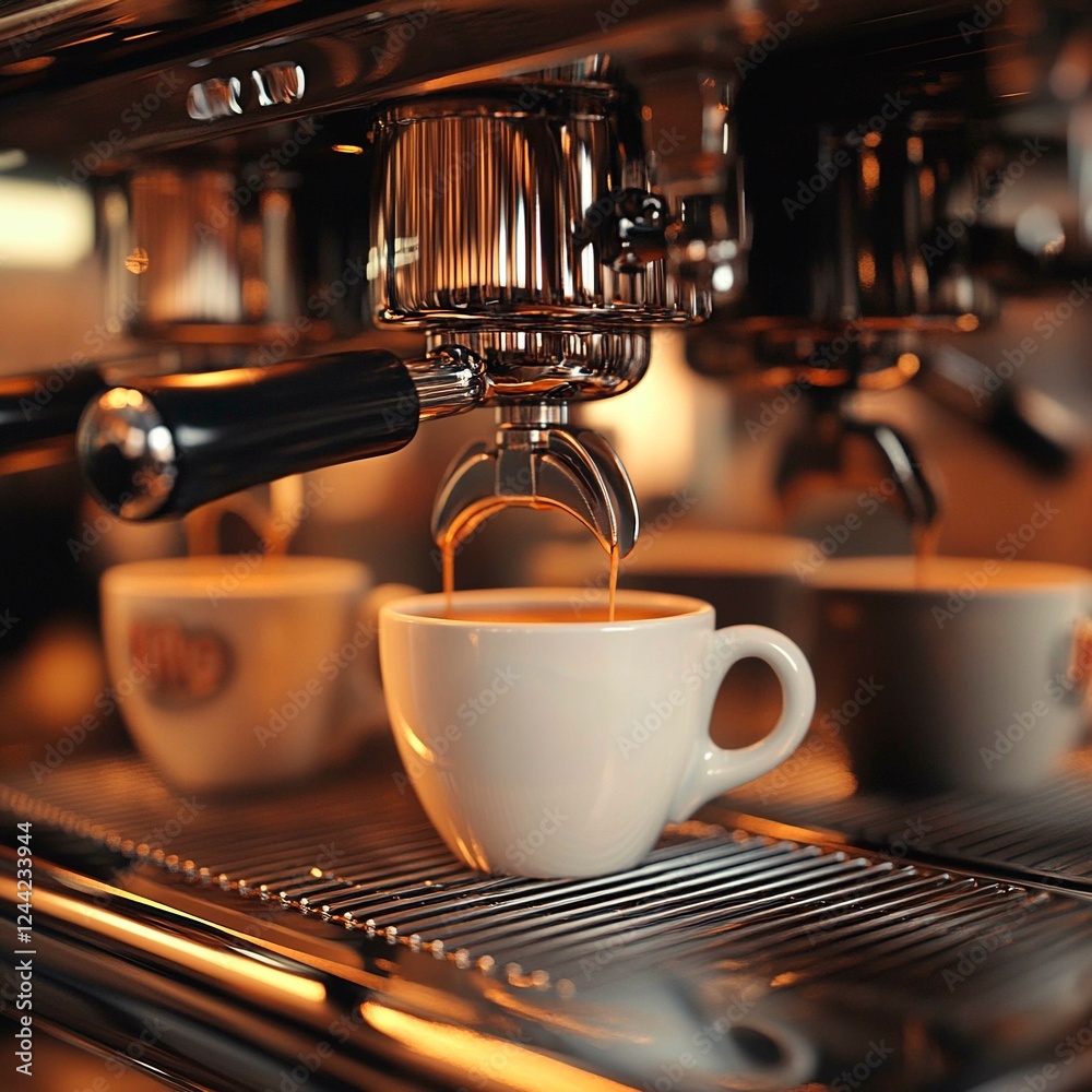 Fototapeta premium close-up of the process of pouring coffee into two white cups from an espresso coffee machine