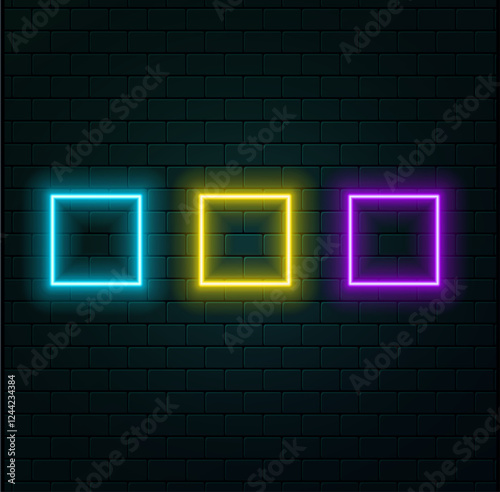 Neon square frame with shining effects on blue background. Empty glowing techno backdrop. Vector illustration.