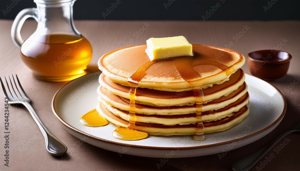 stack of fluffy pancakes with butter and syrup on plate