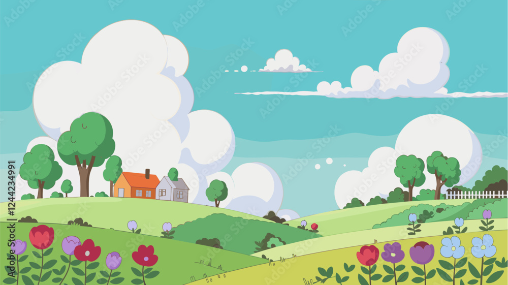 Cartoon Countryside Scene with Houses and Flowers Cartoon Countryside Scene with Houses and Flowers