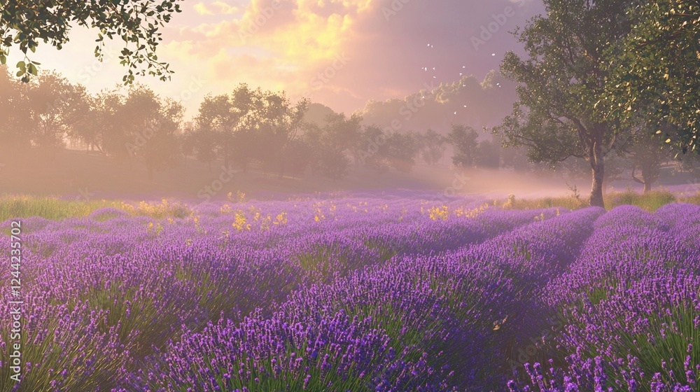 Naklejka premium Lavender fields under a golden sunset with gentle mist and lush scenery