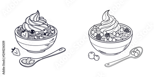 Hand-drawn illustration of yogurt parfaits with fresh berries and fruit