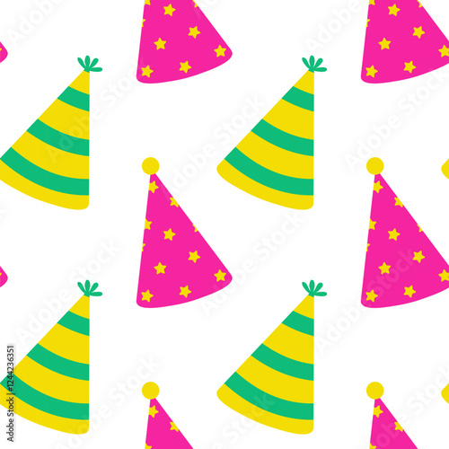 Colorful party hats create a festive pattern suitable for celebrations and gatherings