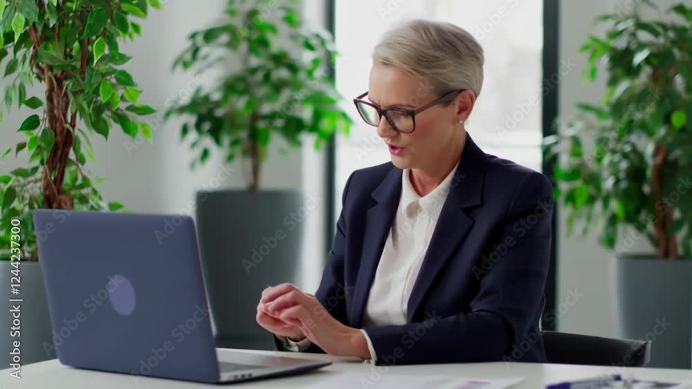 Businesswoman working on laptop in modern office Businesswoman working on laptop in modern office