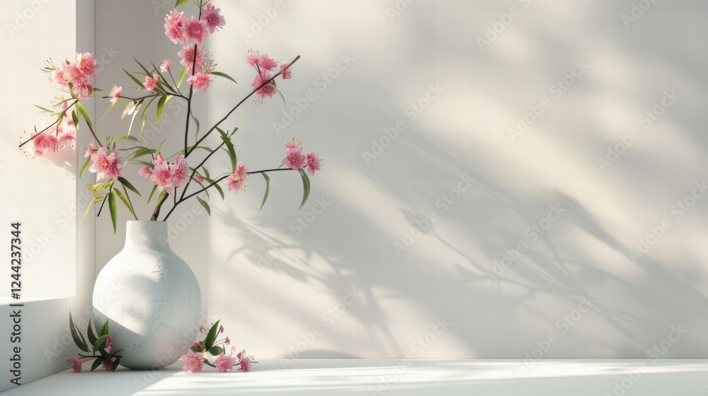 Fototapeta premium A fresh spring concept with soft pastel flowers on a white minimalist background