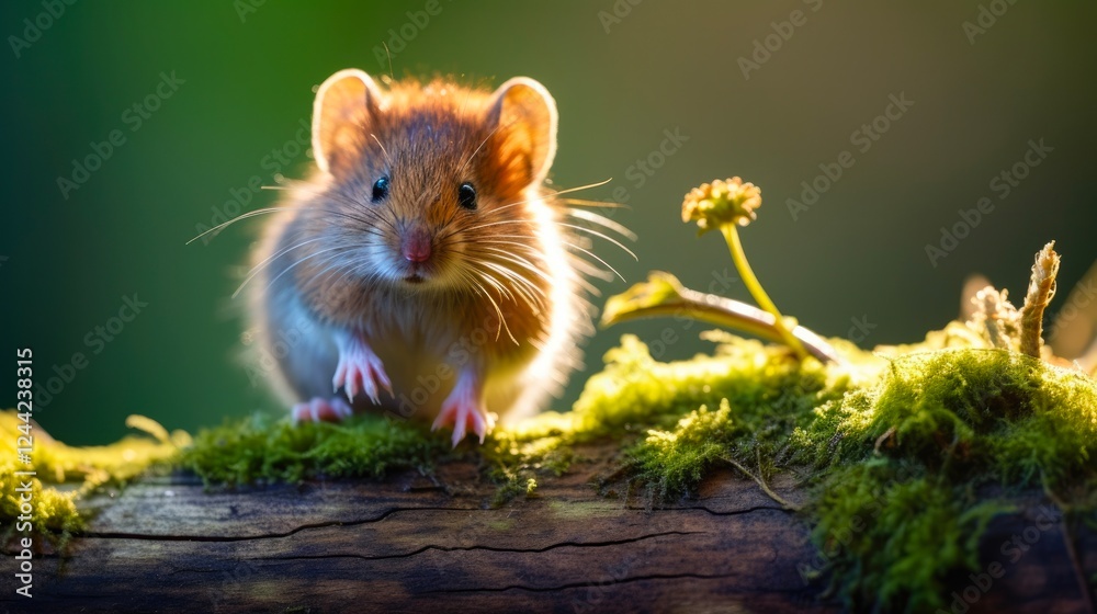 Bank Vole on Rustic Branch in Forest. Small Wild Rodent with Shiny Fur Posing in Summer Sunlight Bank Vole on Rustic Branch in Forest. Small Wild Rodent with Shiny Fur Posing in Summer Sunlight