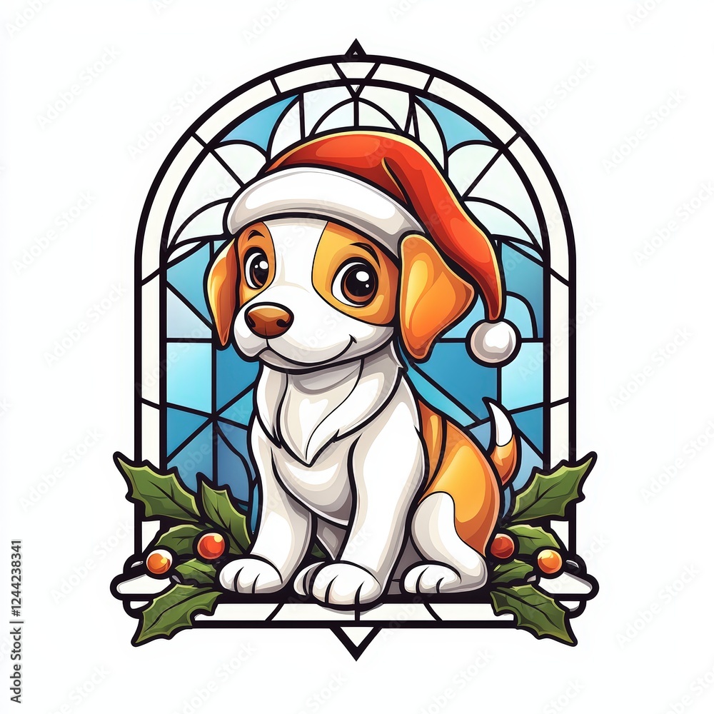 Naklejka premium Adorable Holiday Puppy in a Stained Glass Christmas Design
