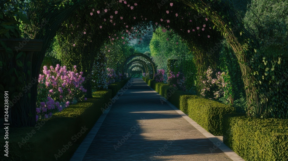 Enchanted Garden Pathway: A Serene Oasis of Lush Greenery and Blooming Flowers Enchanted Garden Pathway: A Serene Oasis of Lush Greenery and Blooming Flowers