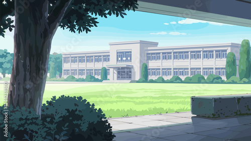 School Building with Green Field and Trees