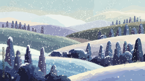 Snowy Winter Landscape with Mountains and Trees
