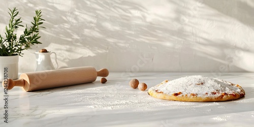 Photo of an unsliced pizza on the table with a rolling pin and ingredients, against a white background with copy space for text. 