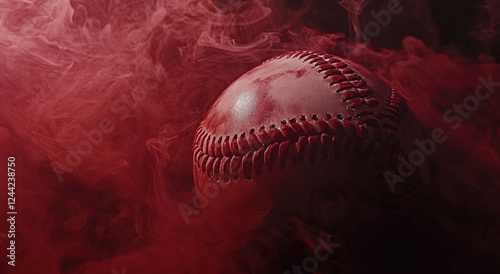 A baseball emerges from red smoke and steam, creating a striking and intense atmosphere that captivates the viewer's attention