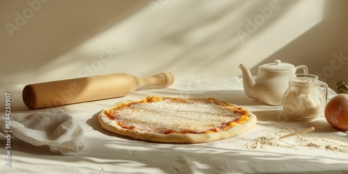 Photo of an unsliced pizza on the table with a rolling pin and ingredients, against a white background with copy space for text.  photo