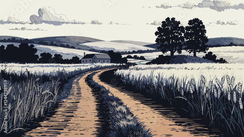 Rural Landscape Pen and Ink Sketch