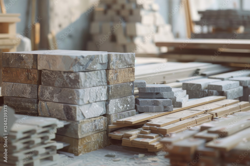A construction site with stacked stones and wooden planks, ready for building projects.