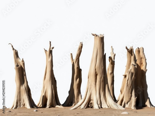 Petrified trunks of dead trees standing upright, ancient forests, petrified wood, tree trunks