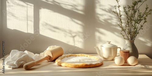 Photo of an unsliced pizza on the table with a rolling pin and ingredients, against a white background with copy space for text.  photo