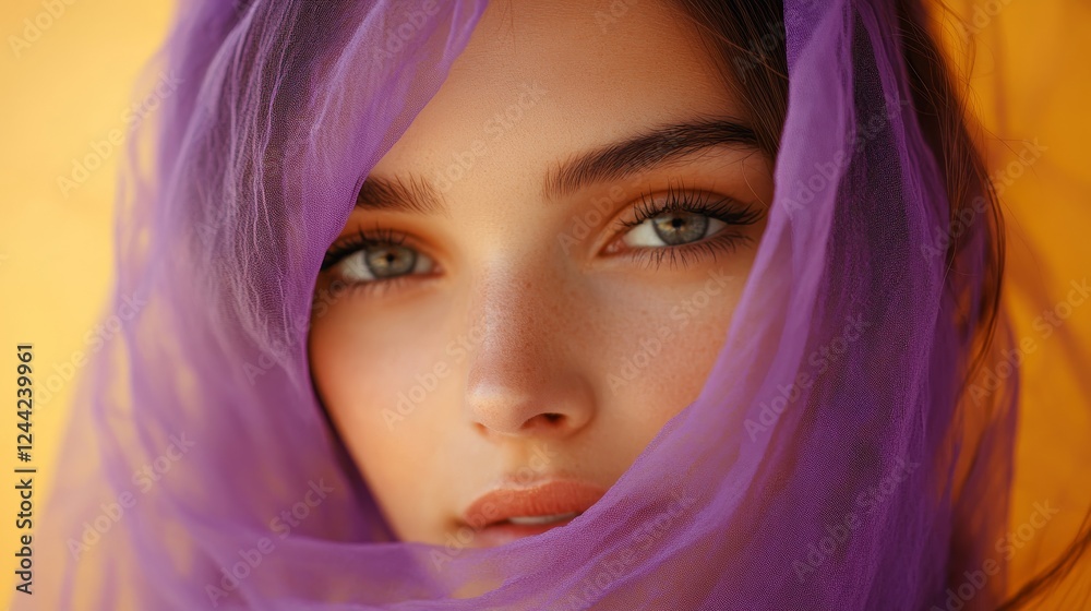closeup young woman with transparent purple veil on orange background closeup young woman with transparent purple veil on orange background