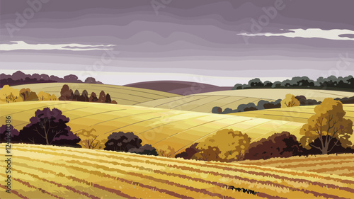 Golden Fields with Grey and Purple Sky