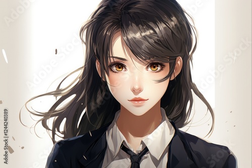 Beauty of Anime Schoolgirl with Long Black Hair and Brown Eyes in Classroom - Illustration by Generative AI photo