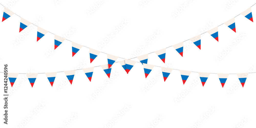 Fototapeta premium Festive triangle bunting garlands in traditional colors of Russian flag. Russia holidays concept. Vector illustration.