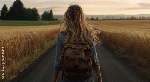 A blonde woman with long hair walks along a quiet dirt road through golden fields as the sun sets in the background, creating a serene atmosphere