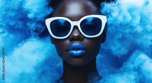 A black woman showcases striking blue lipstick and fashionable sunglasses while surrounded by a soft blue fog