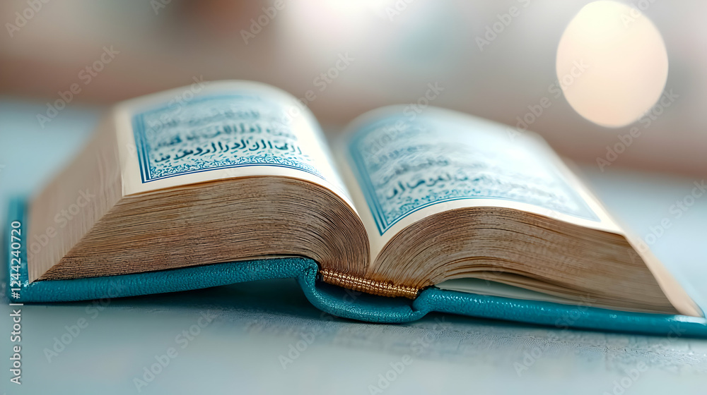 Obraz premium Open Quran on table, sunlit background, religious study