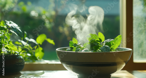 Fresh mint leaves steam gently in a bowl, creating a refreshing aroma in a sunlit kitchen, perfect for culinary inspiration