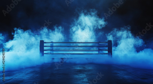 A boxing ring emerges from swirling smoke, dramatically illuminated, creating an intense ambiance for an upcoming match or event