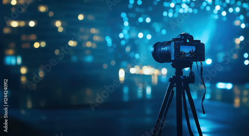 A camera is positioned on a tripod, surrounded by colorful lights, capturing urban landscapes at night with a vibrant atmosphere