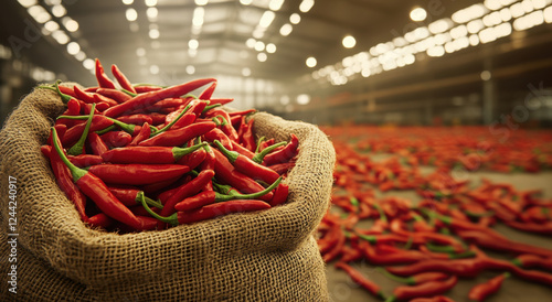 A burlap sack is filled with vibrant red chili peppers in a spacious warehouse, showcasing the rich agricultural bounty indoors