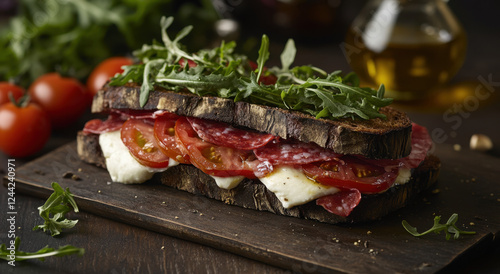 A delicious capicola sandwich features fresh mozzarella and ripe tomatoes, garnished with arugula on hearty dark bread, served on a wooden board