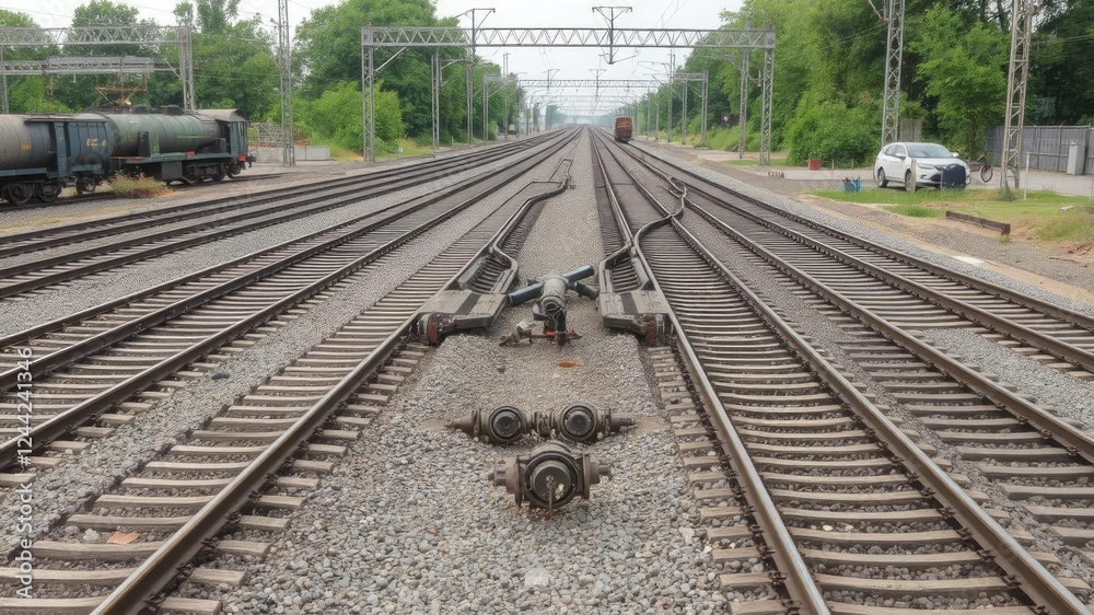 Fototapeta premium Railway track with switch and interchange in a train yard, transportation network, junction