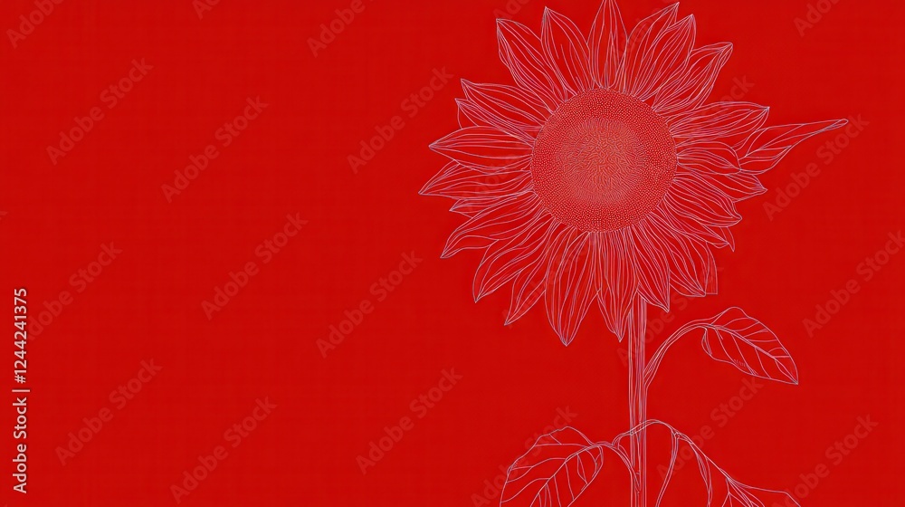 Naklejka premium Stunning Sunflower Line Art on a Vibrant Red Background