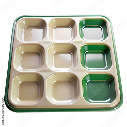 Nine compartment serving tray beige green food dish eat meal ware plate on transparent background