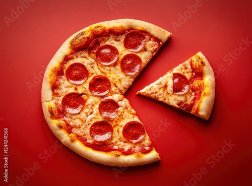 Photograph of a pepperoni pizza with one slice missing on a red background, top view. Stock photo contest winner, high resolution, 