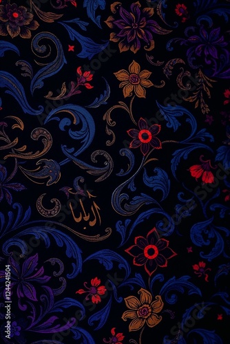 Wallpaper Mural Elegant Vertical Dark Ornamental Pattern with Red, Blue, and Gold Floral Motifs, Featuring Intricate Arabic Calligraphy and Flowing Designs Torontodigital.ca