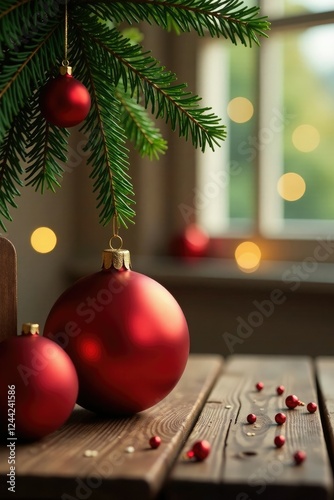 Red gold ball arrangement on a wooden table with mistletoe hanging above it, ball, ornamentation