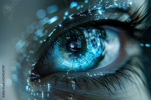 Close up of an eye with glowing digital interface, representing the integration of technology with human biology